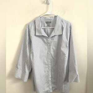 Catherines Shirt Women’s Striped Sz 2X Button up 3/4 Sleeve Blue Cotton Career